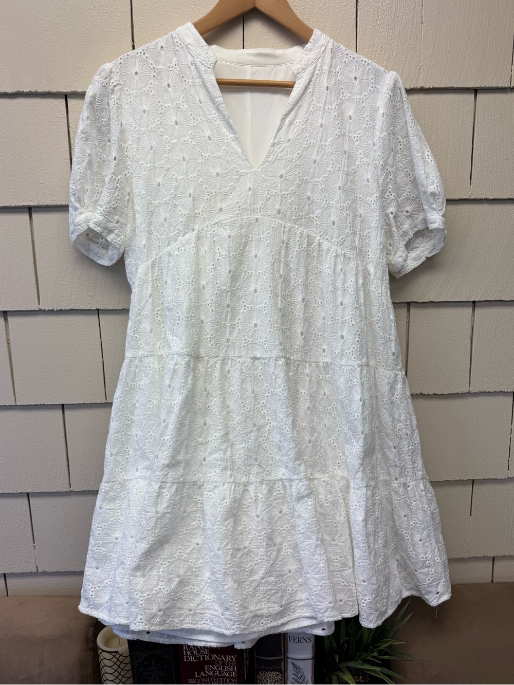 Women's White Eyelet Tiered V-Neck Casual Mini Dress Short Puff Sleeve Size XL